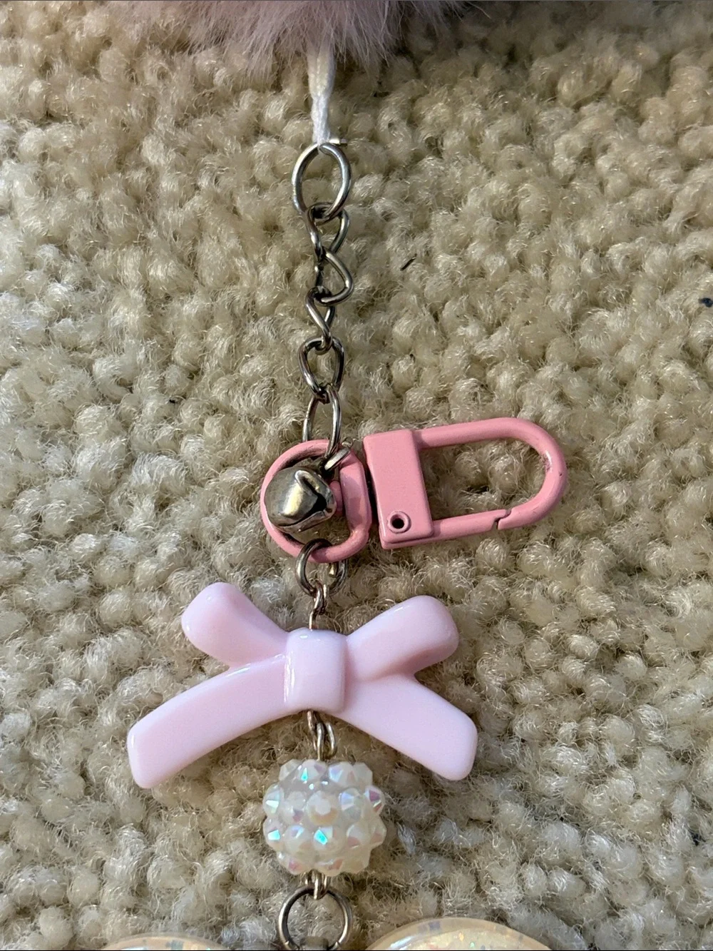 Pink Pom Pom Heart Shaped Resin Keychain with Cute Bears